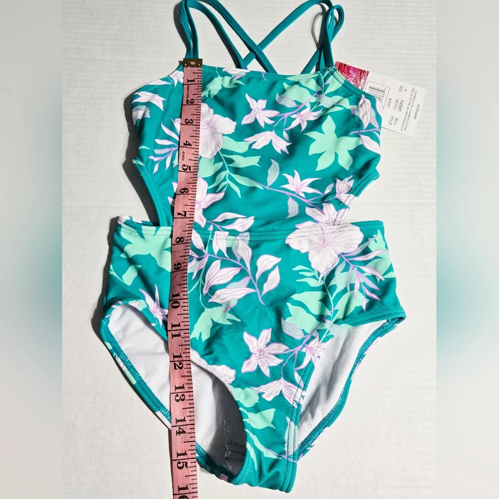 Kanu Surf Girls One Piece Swimsuit Size 8 Green Floral Cutout Crisscross Back